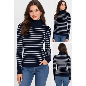 NWT French Connection M Babysoft Striped Turtleneck Jumper Navy White Knit $98